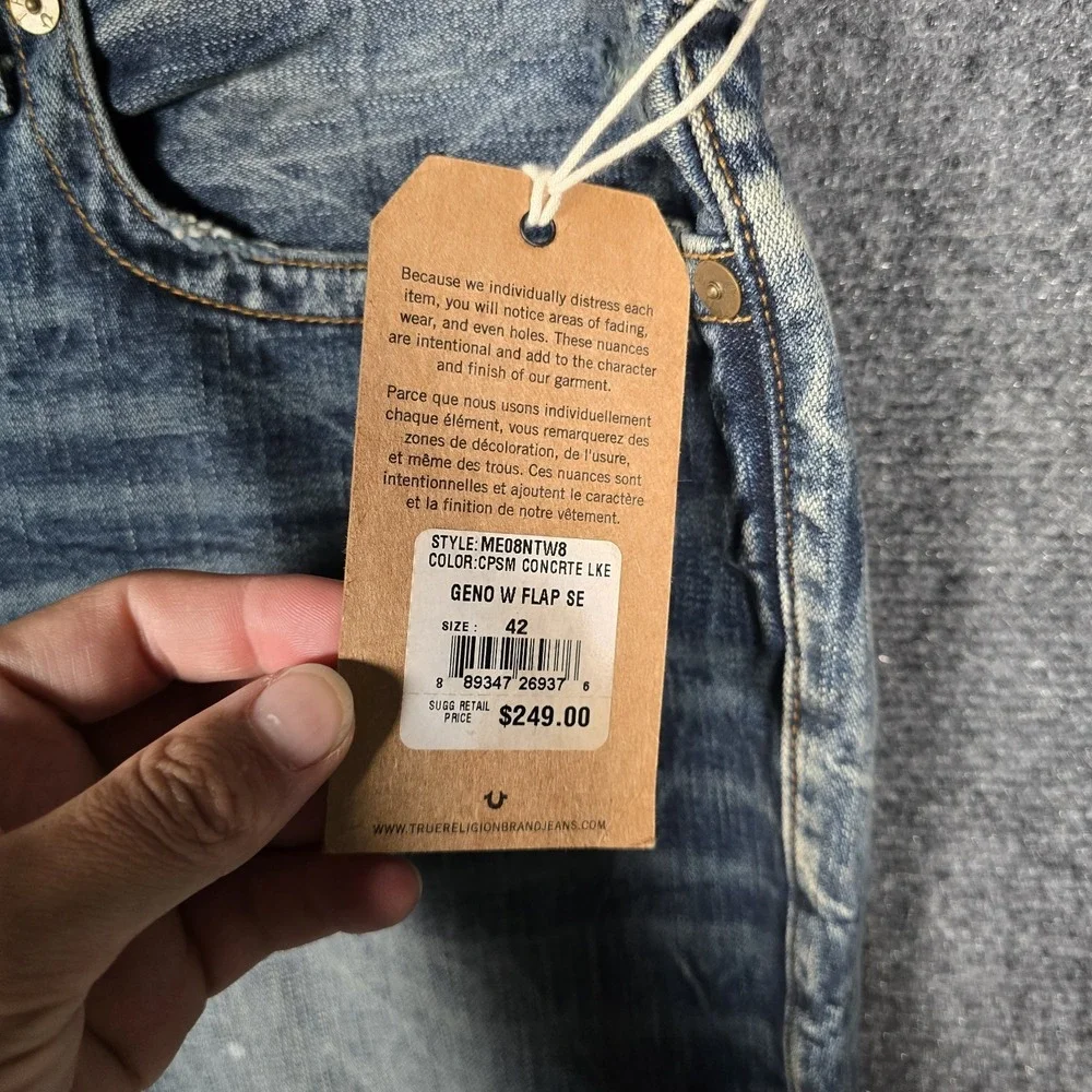 True Religion Jeans Mens 42 Geno Flaps Blue Distressed Relaxed Slim Concrete NEW
